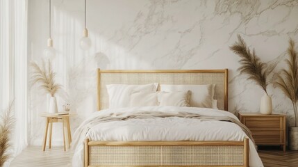A serene bedroom featuring a wooden bed, soft linens, and decorative plants.