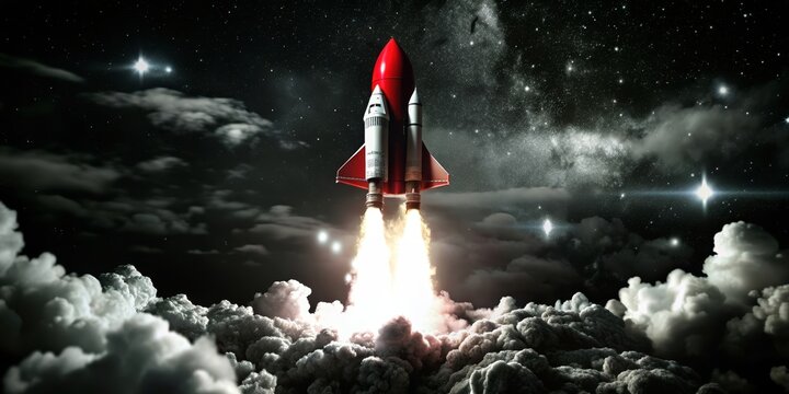 of a red rocket spaceship launching into space, against a background of stars and clouds, rocket, spaceship, red, space