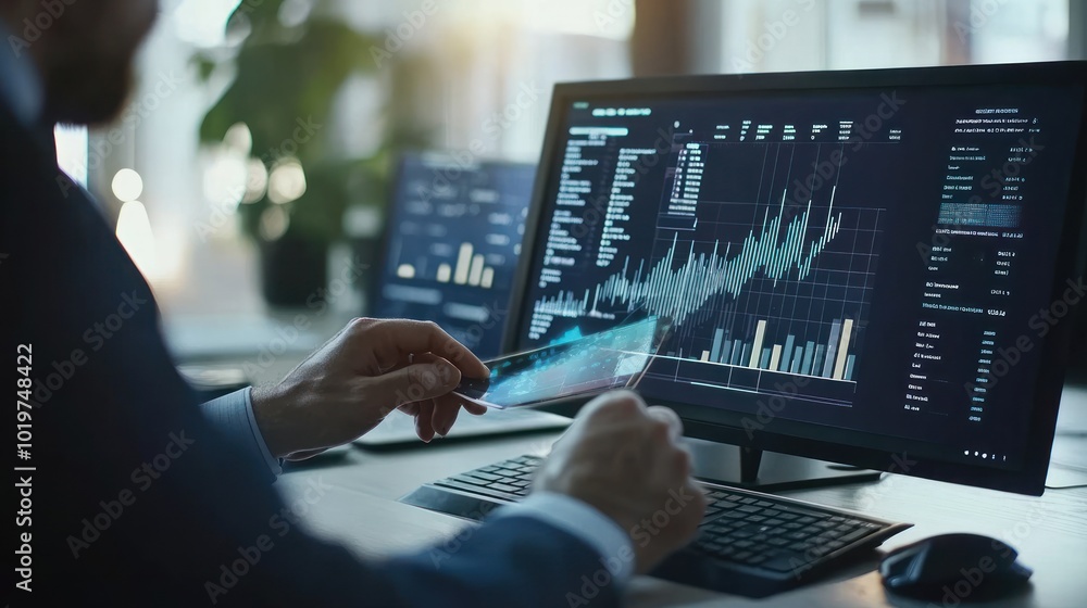 Poster a professional analyzing financial data on a computer screen with graphs and charts.