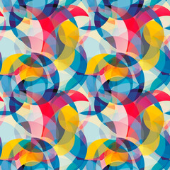 Obraz premium Vibrant abstract pattern with overlapping circles in vibrant shades of red, orange, yellow and turquoise. Seamless background