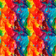 Bright abstract background with splashes of colorful paint in dynamic movement, with bright shades of yellow, pink, blue and green. Seamless background