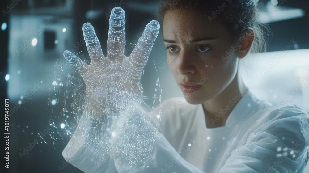 Poster A scientist interacts with a holographic hand display, exploring advanced technology.