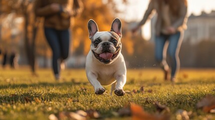 A playful dog running joyfully in a park during autumn with people in the background.