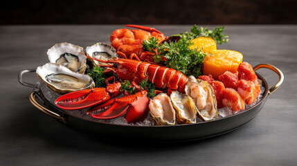 Gourmet seafood platter featuring lobster, oysters, shrimp, and crab, beautifully arranged with fresh garnishes. feast for seafood lovers, perfect for special occasions