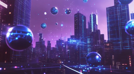 Neon Cityscape with Futuristic Globes