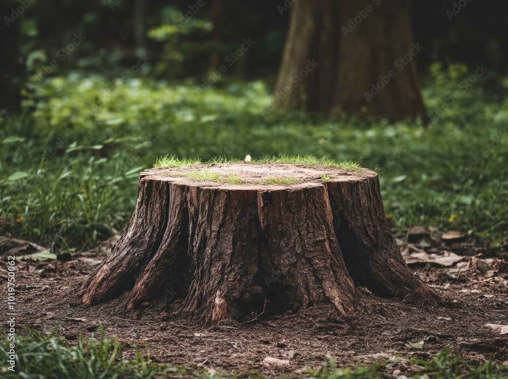 Poster a tree stump surrounded by grass and soil in a serene forest setting.