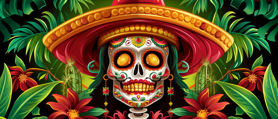 Naklejka premium A skeleton wearing a sombrero and surrounded by flowers. The flowers are red and green. Scene is festive and colorful