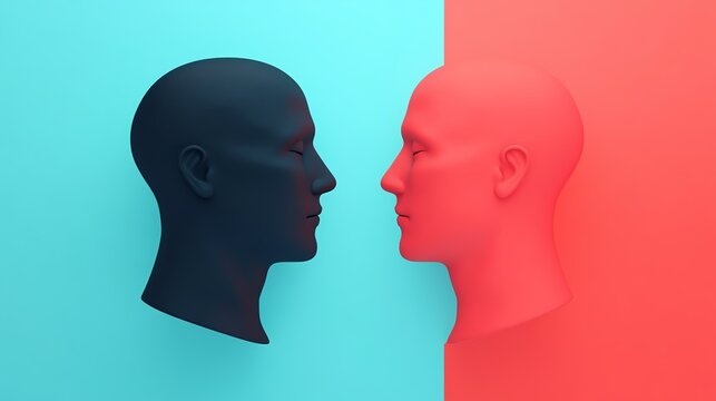 Abstract concept with two faces in profile view, one black, one red, representing duality and contrast on a split-colored background.