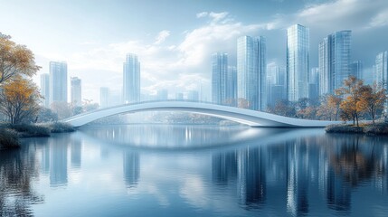 Obraz premium Serene urban landscape featuring a modern bridge and skyscrapers.