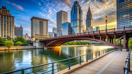 Naklejka premium Dearborn Bridge on the river walk with city skyline in the background, Chicago, bridge, Dearborn Street, river walk