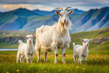 Obraz premium Asymmetrical Icelandic goat with goat babies grazing on open meadows