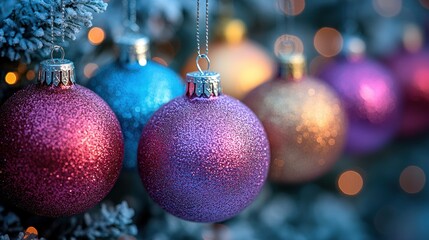 Colorful Christmas ornaments hanging on a snowy tree.