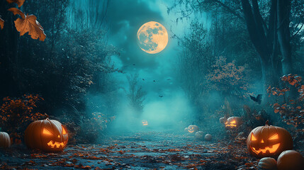 A hauntingly beautiful Halloween scene with glowing pumpkins, a full moon, and misty woods that evoke a spooky atmosphere.