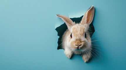 Obraz premium Curious bunny emerging from a hole in a blue wall, cute animal, surprise, curiosity, pet concept