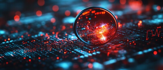 Futuristic technology concept with a crystal ball reflecting glowing circuit board and data visualization in red and blue tones.