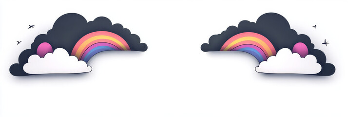 A colorful rainbow peeks out from behind two clouds.