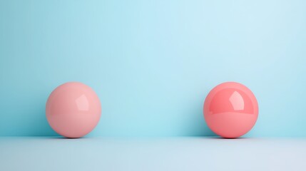 Minimalistic image of two glossy pink spheres on a blue background, depicting balance, symmetry, and modern simplicity.
