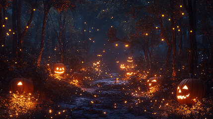 Naklejka premium A magical forest path illuminated by glowing jack-o'-lanterns and twinkling lights.
