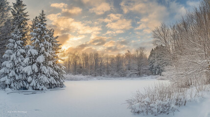 Snowy Forest Landscape with Frozen Lake and Golden Sky at Sunset