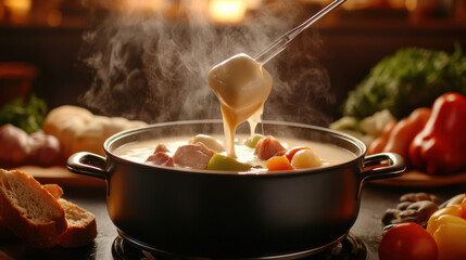 steaming pot of fondue with assortment of fresh vegetables and bread, creating warm and inviting atmosphere perfect for sharing