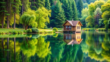 Obraz premium Miniature house next to tranquil lake surrounded by green trees , Miniature, house, lake, water, trees, nature, peaceful