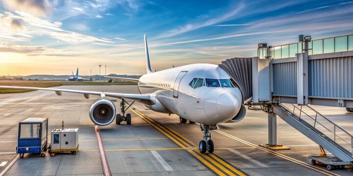 Airplane parked at terminal gate with boarding ramp, travel, airport, gate, arrival, departure, transportation, flight