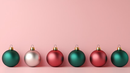 Christmas baubles closeup view background with pink red and green ones isolated on pale pink background with copy space