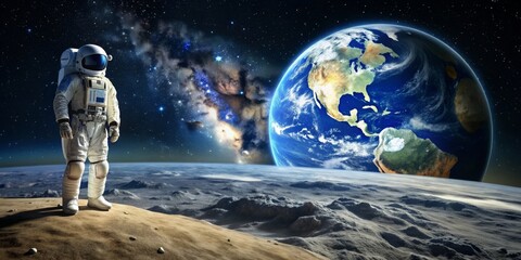 Obraz premium Astronaut standing on the Moon surface with Earth in the background, exploring space and other planets, astronaut, moon