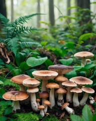 A cluster of mushrooms amidst a lush forest brimming with emerald foliage and terrestrial flora.