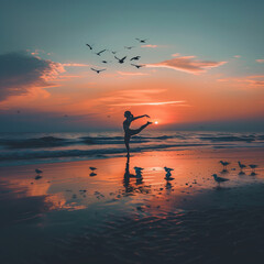 Yoga Practitioner Embraces Dawn Break on the Beach, Silhouette Pose Against the Radiant Horizon, Accompanied by the Soothing Sounds of Waves and Seagulls