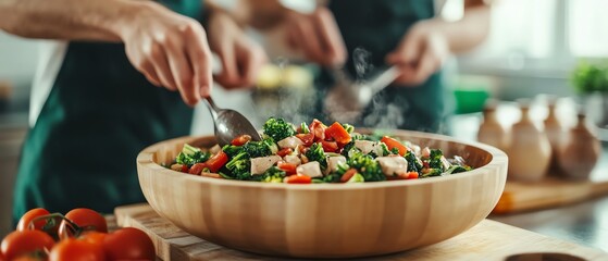 Close-up of chefs preparing a fresh, colorful vegetable salad in a wooden bowl in a modern kitchen, highlighting healthy cooking and ingredients.