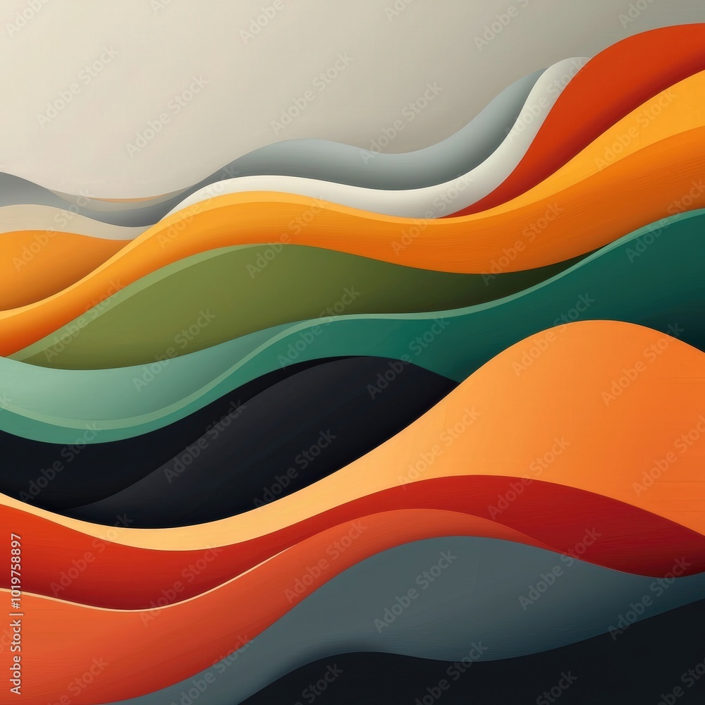 Poster this abstract image features flowing waves in warm and cool tones, creating a dynamic and visually s
