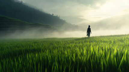 Fototapeta premium lone figure walking through rice field, surrounded by lush green grass and misty mountains. serene atmosphere evokes sense of tranquility and connection with nature