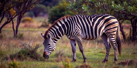 Zebra with black and white stripes grazing in the wild savannah , Wildlife, African, Safari, Stripes, Grazing, Mammal