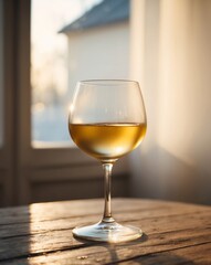 A Glass of Golden Liquid in Warm Sunlight on a Wooden Table.