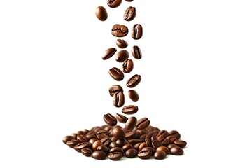 Obraz premium Coffee beans falling onto a heap isolated on a white background.