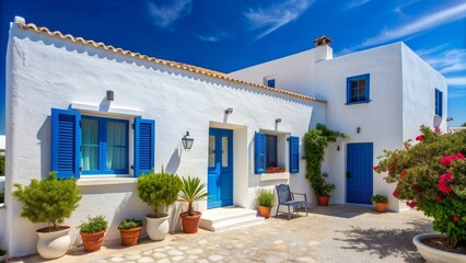 Whitewashed home with blue accents exuding sunny Mediterranean charm, Mediterranean, sunny, whitewashed, home, house