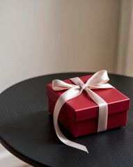 A red box with a bow on top sits on a wooden table.