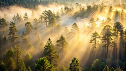 Asymmetrical misty sunlight filtering through dense pine forest