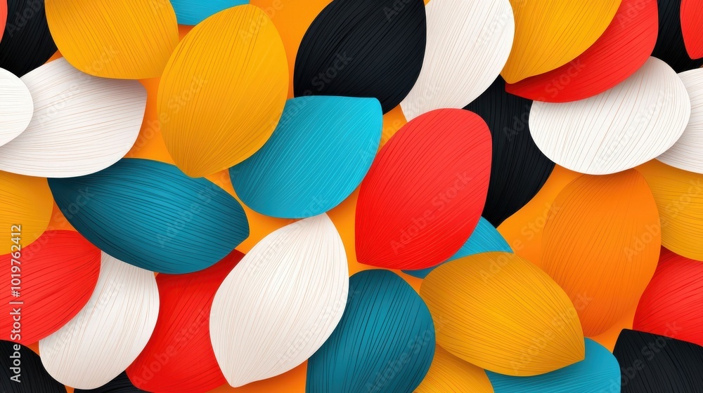 Poster a vibrant abstract design featuring a multitude of colorful leaf shapes, creating an energetic and m