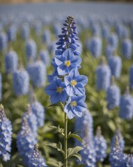 Obraz premium A solitary blue flower blooms amidst a sea of blue flowers in the field.