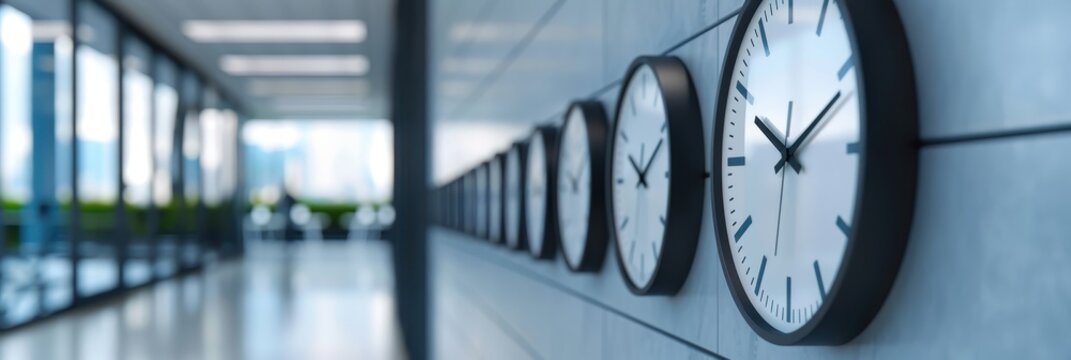 Row of Wall Clocks in Modern Office Hallway