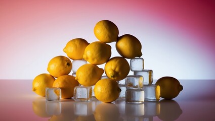 A cluster of lemons perched on a mound of ice cubes atop a magenta background.