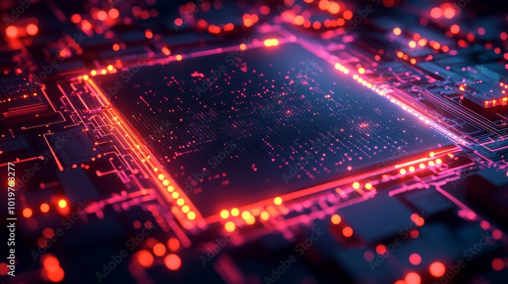 Poster close-up of a glowing red circuit board with a square chip in the center
