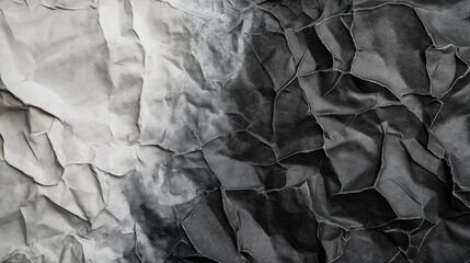 A background with crumpled paper in colors of black and white, banner. AI generation.