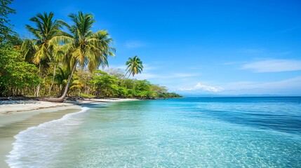 Tropical beach with palm trees, white sand, and turquoise water.