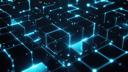 Obraz premium Abstract digital art with glowing neon lines and cubes.