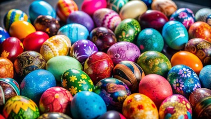 Fototapeta premium Vibrant Easter eggs in assorted colors and patterns, Easter, Joy, Colorful, Eggs, Patterned, Vibrant, Spring