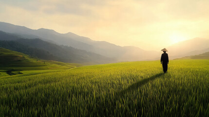 Fototapeta premium serene rural farming moment as person walks through lush green rice fields, surrounded by majestic mountains under golden sunset
