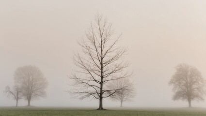 A solitary tree stands in a misty meadow with trees in the foreground and a soft sky behind.